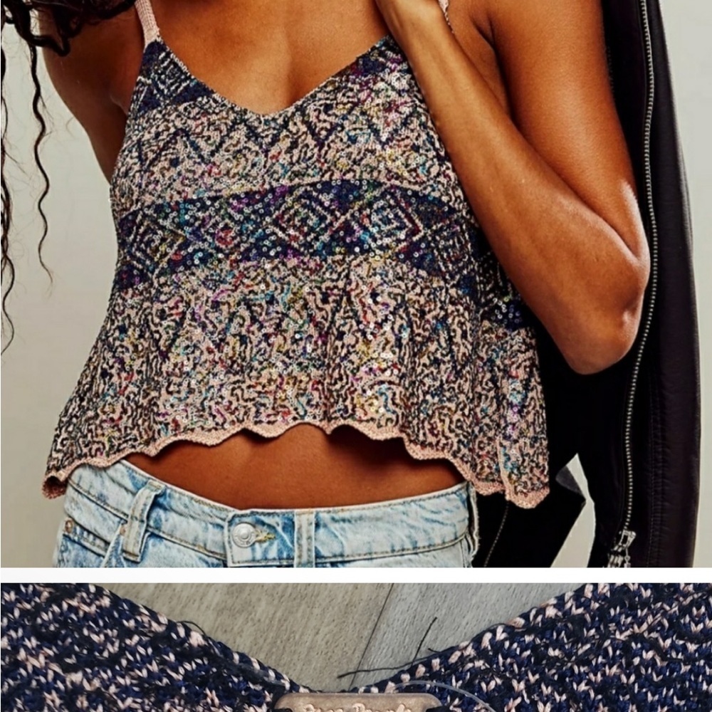Free People Twilight Rose Combo Tank Sequin Crop Camisole in Pink and Blue NWT - Picture 5 of 10